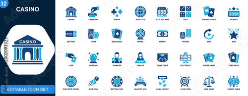Casino icon set, gambling, poker, roulette, slot machine, dice, playing cards, jackpot, betting elements. Solid icons collection. Vector.