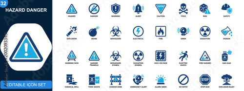 Hazard danger icon set, warning, toxic, alert, caution, bomb, explosion, electrical risk, biohazard safety. Solid icons collection. Vector.