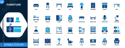 Furniture icons set, sofa, chair, table, bed, lamp, wardrobe, desk, cabinet, home interior essentials. Solid icons collection. Vector.