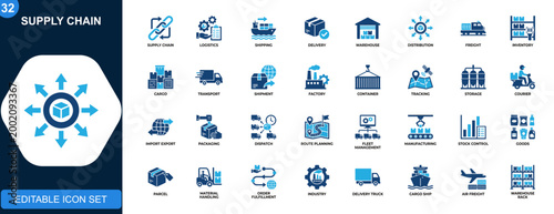 Cuadro en lienzo Supply chain logistics icon set, shipping, delivery, warehouse, distribution, freight, inventory, manufacturing, cargo tracking