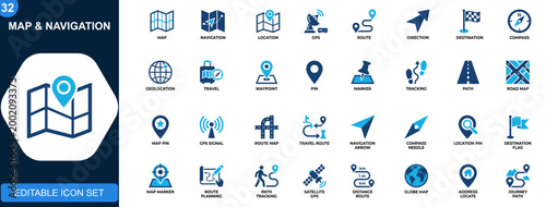 Map and navigation icon set. Location, GPS, direction, route, destination, compass, geolocation, travel. Outline icons collection. Vector.