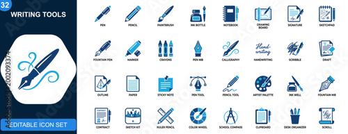 Writing tools icon set, pen, pencil, brush, fountain, signature, stationery, drawing, ink, sketch, education. Editable icons collection. Vector.