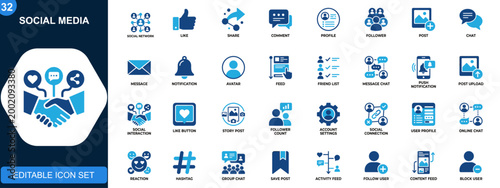 Photos Social media outline icon set, like, share, comment, profile, followers, messaging, notifications, online interaction