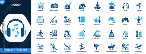 Hobby icons set, painting, photography, travel, hiking, yoga, cooking, music, dancing, reading, fishing. Solid icons collection. Vector.