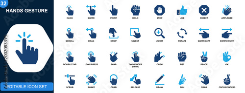 Hands icon set, gesture, click, swipe, tap, scroll, point, hold, stop, like, applause, interaction, agreement, participation. Solid icons collection. Vector.