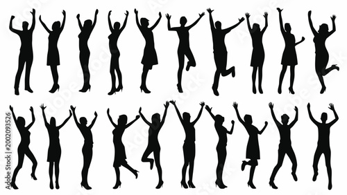Collection of black silhouettes depicting people celebrating with arms raised