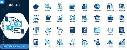 Budget line icon set, savings, expenses, income, allocation, financial planning, cost estimate, accounting analysis, money tracking. Outline icons collection. Vector.