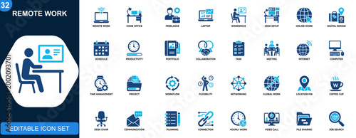 Remote work icon set, home office, freelancing, online jobs, digital nomad, productivity, scheduling, collaboration tools. Solid icons collection. Vector.