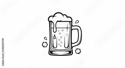 Frothy beverage in a mug with ice cubes and splashes