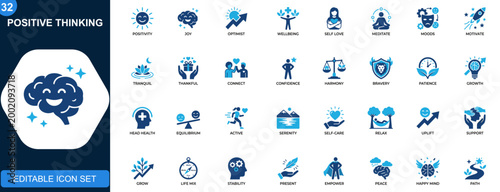Positive thinking icon set, mental wellness, happiness, optimism, self care, emotional balance, mindfulness, motivation. Solid icons collection. Vector.