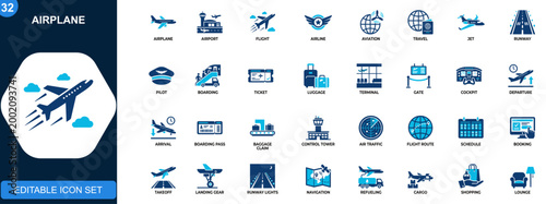 Airplane icon set, aircraft, airport, flight, airline, departure, arrival, travel, aviation, transport icons collection. Vector.