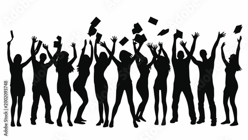 group of people silhouette with arms raised and throwing graduation caps