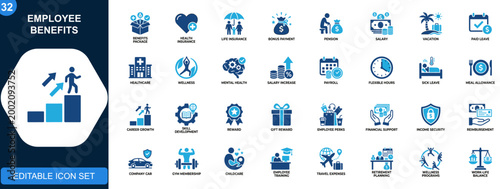 Employee benefits icon set. Insurance, bonus, pension, paid leave, wellness, compensation, workplace perks. Solid icons collection. Vector.