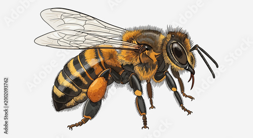 Realistic Honeybee Side Profile with Vibrant Yellow and Black Stripes, Isolated White Background