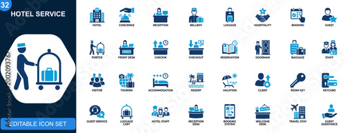 Concierge and hotel service icon set, reception, bellboy, luggage, front desk, hospitality, booking, guest assistance. Solid icons collection. Vector.