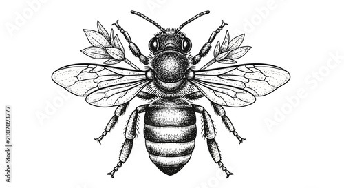 Elegant Ornate Bee Illustration with Decorative Floral Elements in Grey Tones, Isolated White Background