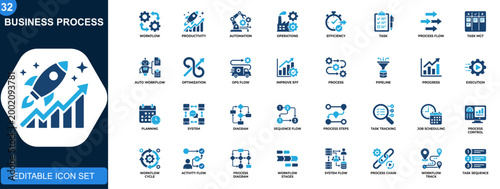 Business process icon set, workflow automation, productivity, operations flow, task management, efficiency improvement. Icons collection. Vector.