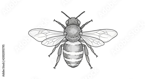 Detailed Realistic Bee Illustration in Grey Tones from Top View, Isolated White Background