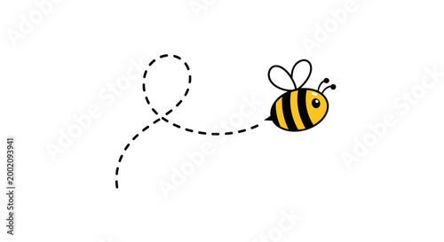 Cute cartoon baby bee flying with a dotted path on an isolated white background.