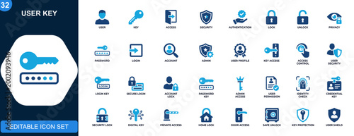User key access icons set, personal security, authentication, lock, unlock, privacy, admin control, home safety. Icons collection. Vector.
