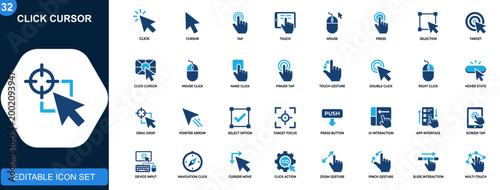 Click cursor icon set. Pointer, tap, touch, mouse click, hand press, selection, target interaction. Icons collection. Vector.