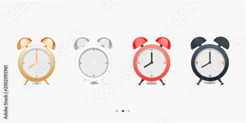Bild auf Leinwand Four colorful alarm clocks displayed in a row on a white background