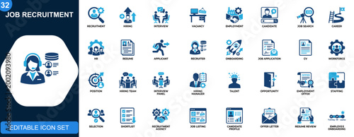 Job recruitment icons set, hiring, interview, vacancy, employment, candidate search, HR process, career opportunity. Icons collection. Vector.
