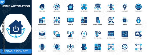 Home automation icon set, smart home, IoT devices, voice control, security camera, climate control, smart lighting, connected appliances. Solid icons collection. Vector.