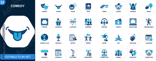 Comedy icon set, laugh funny joke standup prank clown theatre humor podcast tickets audience. Solid icons collection. Vector.