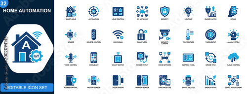 Smart home automation icon set, IoT house control, security, lighting, energy, devices, wireless connectivity. Editable icons collection. Vector.