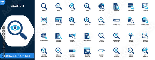 Search icon set, magnifying glass, zoom, find, inspect, explore, discovery, lookup tools. Icons collection. Vector.