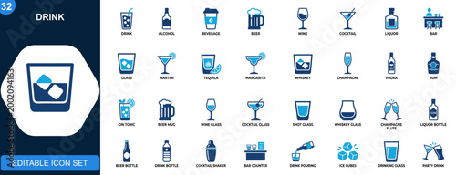 Drink icon set, alcohol beverages, beer, wine, cocktail, liquor, bar glasses, martini, tequila, margarita. Black style icons collection. Vector.