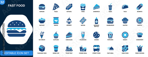 Fast food icon set, burger, pizza, hot dog, fries, sandwich, soda, taco, burrito, snacks, desserts. Solid icons collection. Vector.