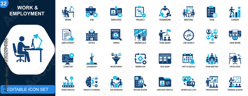 Work and employment icon set, job roles, employee, project, teamwork, meeting, career tasks, hiring workflow, workplace activities. Outline icons collection. Vector.