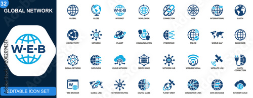 Cuadro en lienzo Global network icons, globe, internet, worldwide connection, international web, digital connectivity, global communication