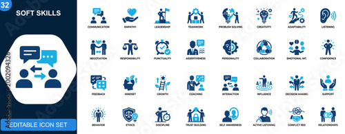 Soft skills icon set, communication, empathy, leadership, problem solving, creativity, teamwork, emotional intelligence, adaptability. Solid icons collection. Vector.