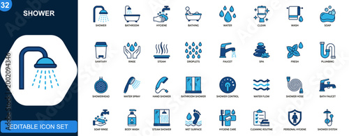 Shower icons set, bathroom hygiene, bathing, water cleaning, showerhead, soap, sanitary wash routines. Icons collection. Vector.