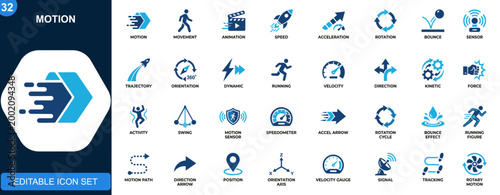 Motion icon set, movement, animation, speed, acceleration, rotation, bounce, sensor, trajectory, orientation. Solid icons collection. Vector.