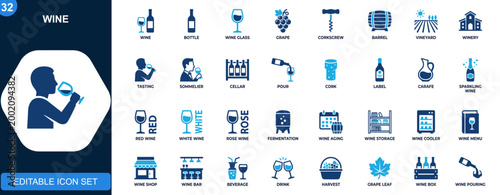Wine icons collection, bottle, glass, grape, corkscrew, barrel, vineyard, winery, tasting, sommelier, cellar. Solid icons collection. Vector.