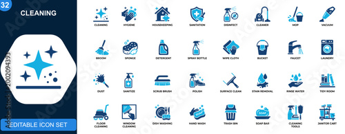 Cleaning icon set, housekeeping, hygiene, sanitation, disinfection, home cleaning tools, maid service equipment. Icons collection. Vector.