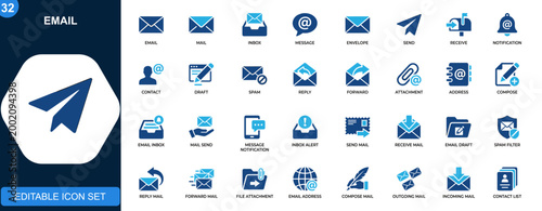 Email icons set, mail, inbox, message, envelope, send, receive, notification, contact. Outline icons collection. Vector.