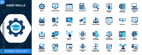 Hard skills icons set, certification, programming, accounting, design, language, computer expertise. Solid icons collection. Vector.