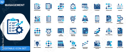 Management icons set, task planning, project workflow, deadline, schedule, productivity, teamwork, goal tracking. Line icons collection. Vector.