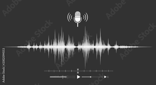 Professional microphone with a prominent sound wave illustrating voice recording and audio editing in a modern dark gray studio interface.