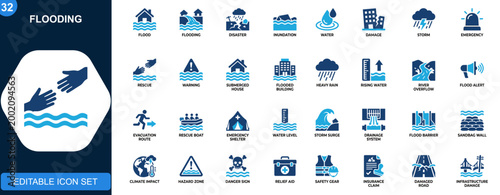 Bild auf Leinwand Flooding icon set, flood disaster, inundation, water damage, storm emergency, rescue, warning, submerged buildings