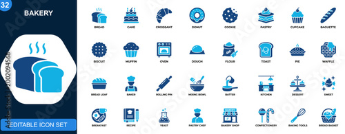 Bild auf Leinwand Bakery icon set, bread, cake, croissant, donut, cookie, pastry, cupcake, baguette, muffin, baking tools
