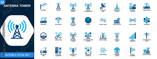 Quadro em tela Antenna tower icon set, wireless signal, radio transmission, satellite, broadcast, telecom equipment, receiver, network technology