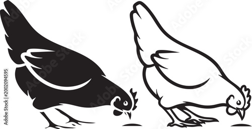 Two chickens foraging black and white line art silhouette on a white background