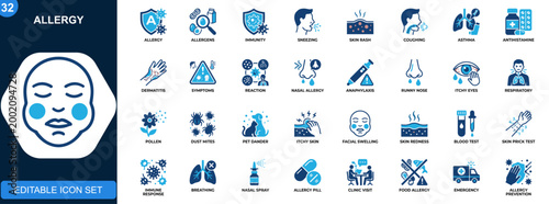 Allergy icons set, allergens, immunity, sneeze, runny nose, rash, cough, asthma, antihistamine, dermatitis symptoms. Solid icons collection. Vector.