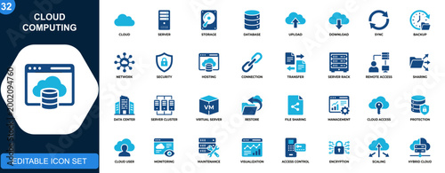 Cloud computing icon set. Data storage, server hosting, cloud network, file sync, upload, download, database management, secure connection. Icons collection. Vector.